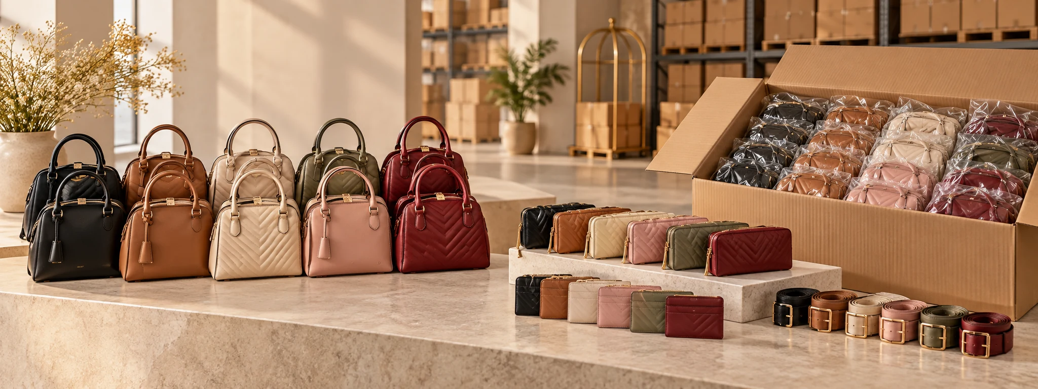 Una curva de carteras en cinco colores junto a una caja de billeteras