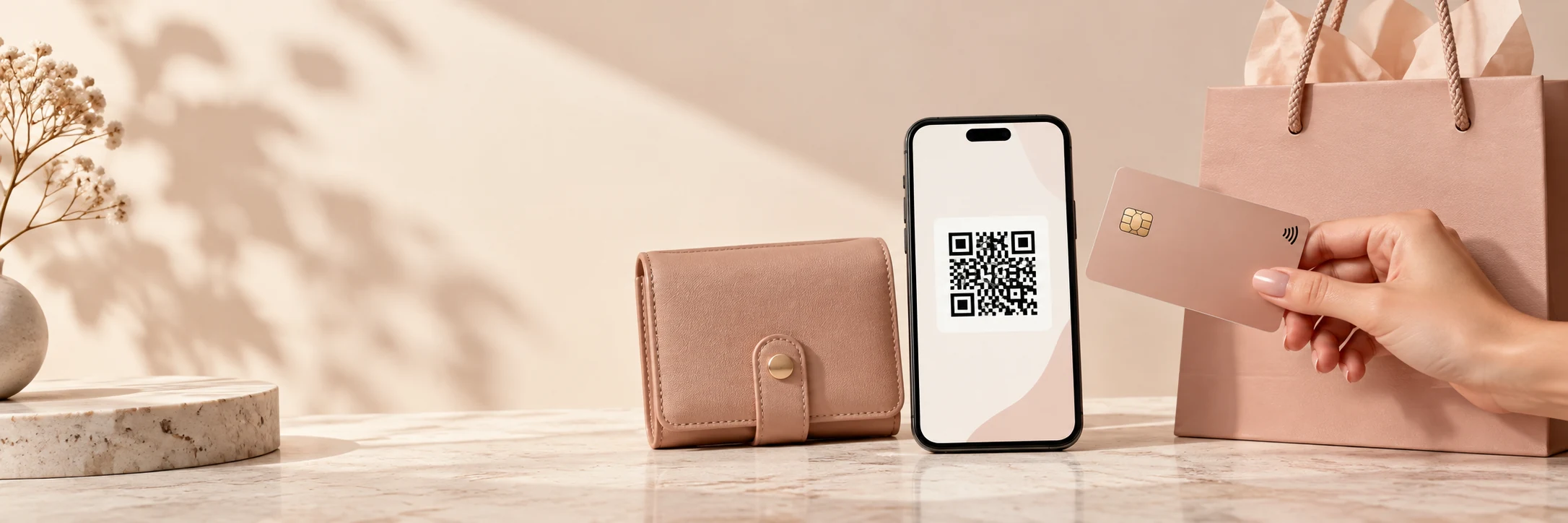 Un teléfono con un código QR y una tarjeta junto a una billetera
