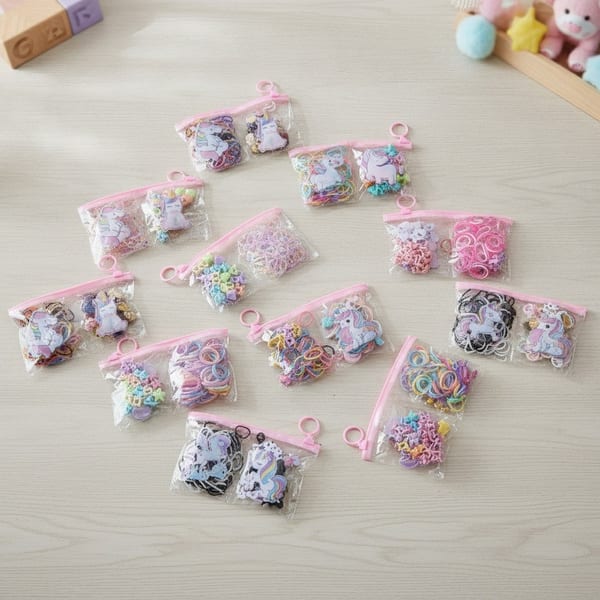 Estuches transparentes con accesorios para el pelo con diseños de unicornio y gomitas coloridas