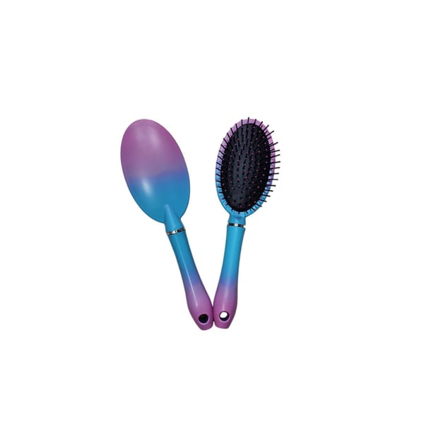 Cepillo de pelo ovalado en color degradé rosa y azul, mostrado de frente y dorso