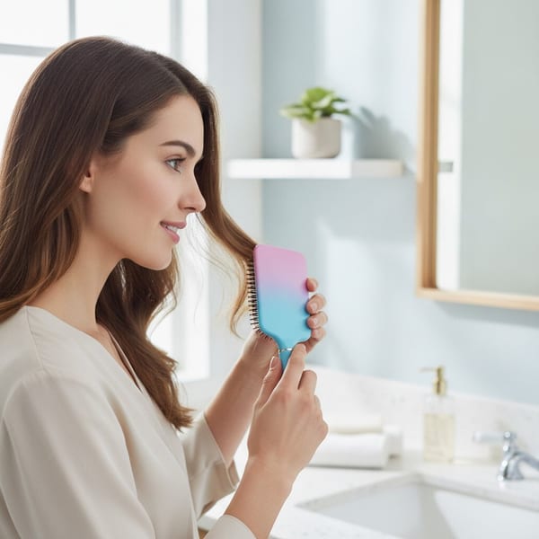 Cepillo de pelo tipo paleta con diseño degradé rosa y azul