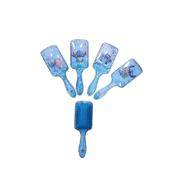 Cepillos de pelo color azul con líquido glitter y estampado de Stitch