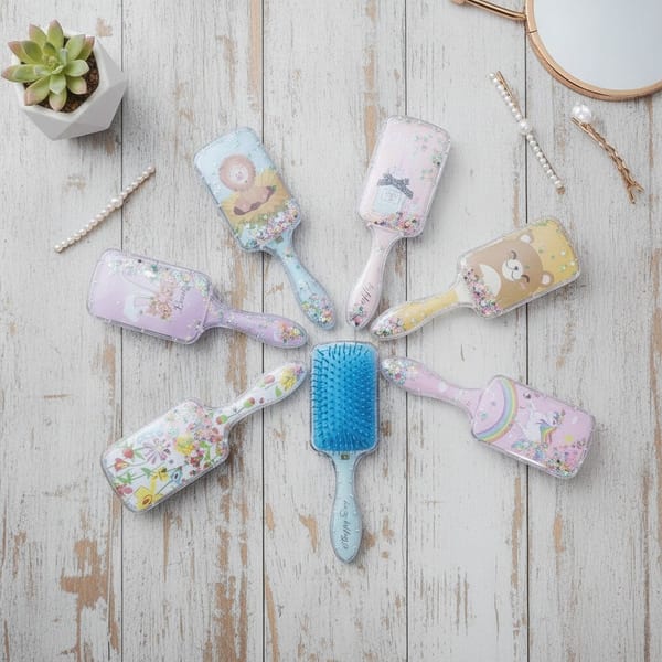 Siete cepillos para el pelo transparentes con glitter y diseños infantiles dispuestos en círculo