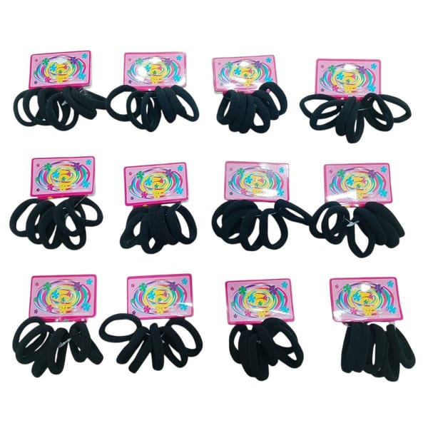 Lote de 12 tarjetas con colitas elásticas negras para el pelo sobre fondo claro