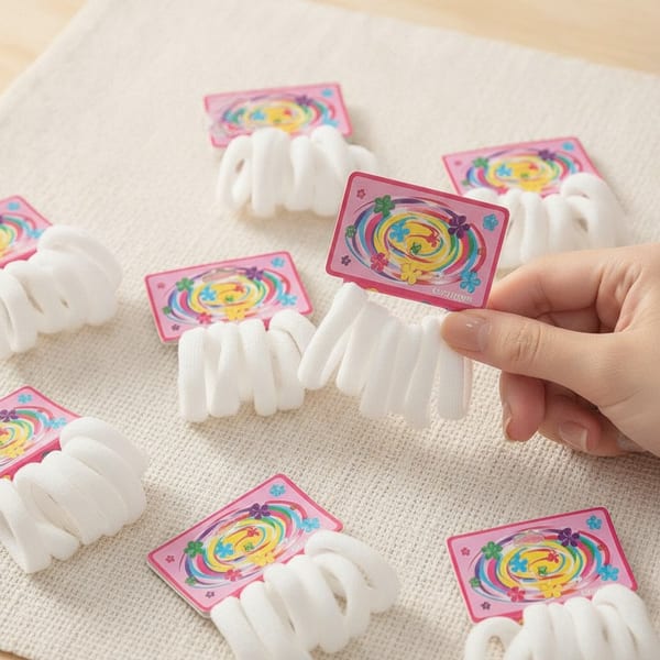 Tarjetas exhibidoras con colitas elastizadas para el pelo de color blanco