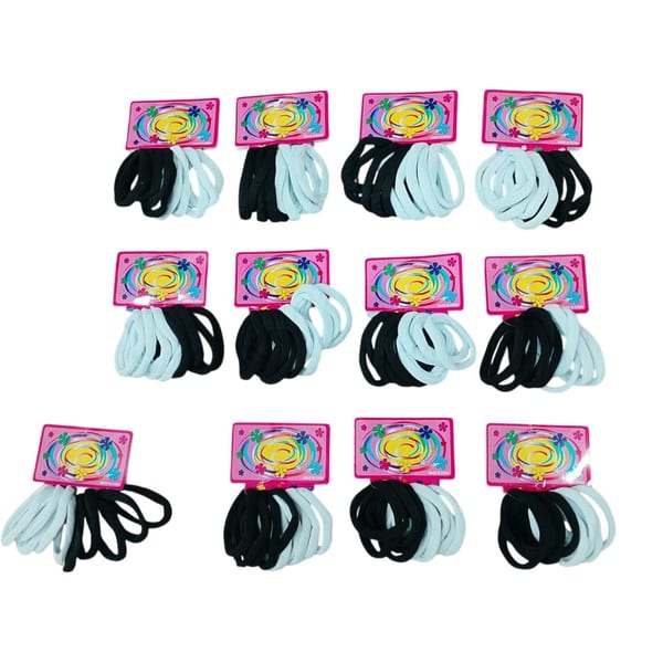 Tarjetas exhibidoras con colitas elásticas para el pelo en colores blanco y negro