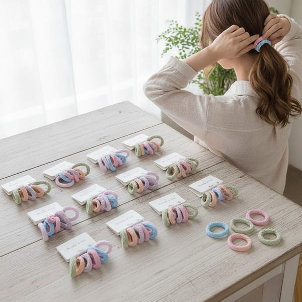 Tarjetas exhibidoras con colitas elásticas para el pelo tejidas en colores pastel