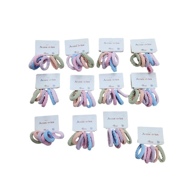 Tarjetas exhibidoras con colitas elásticas para el pelo tejidas en colores pastel
