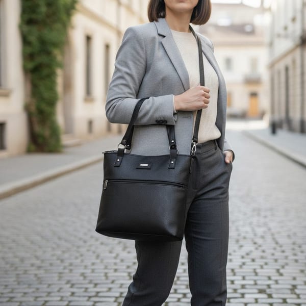 Cartera de hombro en ecocuero negro texturado con bolsillo frontal y correa larga