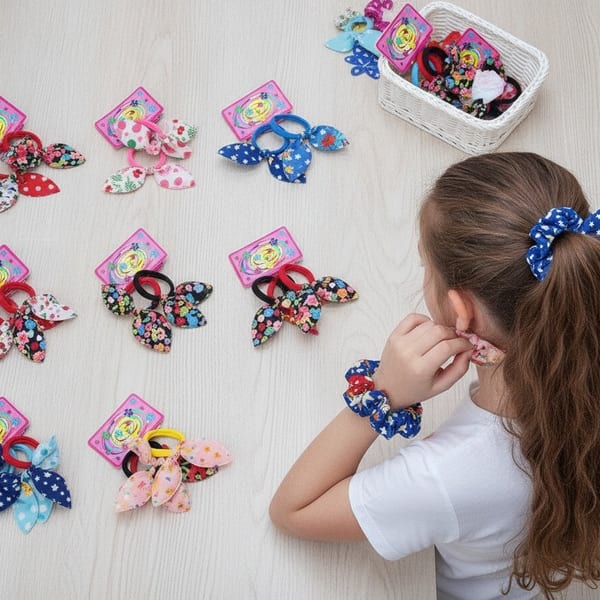 Tarjetas con colitas elásticas para el cabello con lazos de tela estampados surtidos
