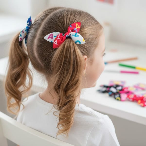 Colitas para el pelo con moño estampado de letras en tarjetas de exhibición