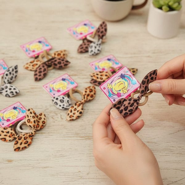 Tarjetas exhibidoras de colitas elásticas para el pelo con orejitas en estampado animal print surtido