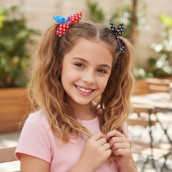 Tarjetas exhibidoras con colitas para el pelo de tela estampadas con corazones multicolores