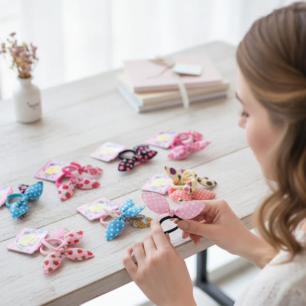 Tarjetas exhibidoras con juegos de colitas elásticas para el pelo con moños estampados.