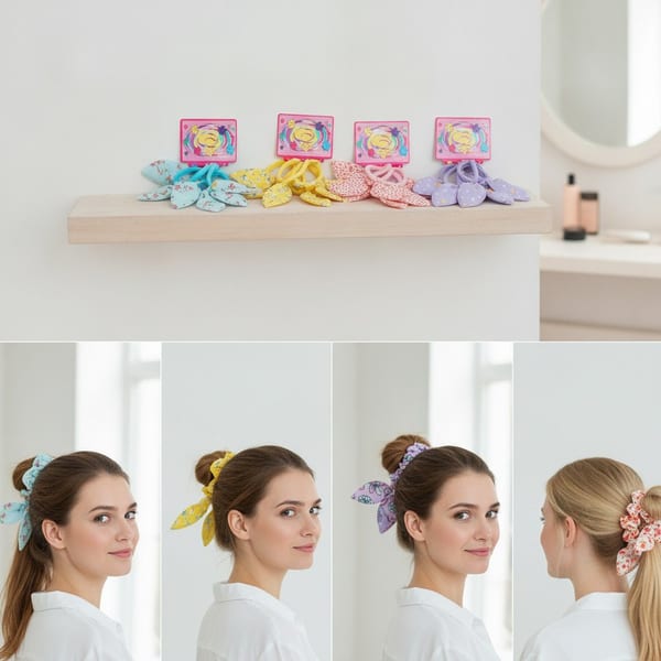 Tarjetas exhibidoras con surtido de colitas de pelo con lazos elásticos de colores y estampados variados
