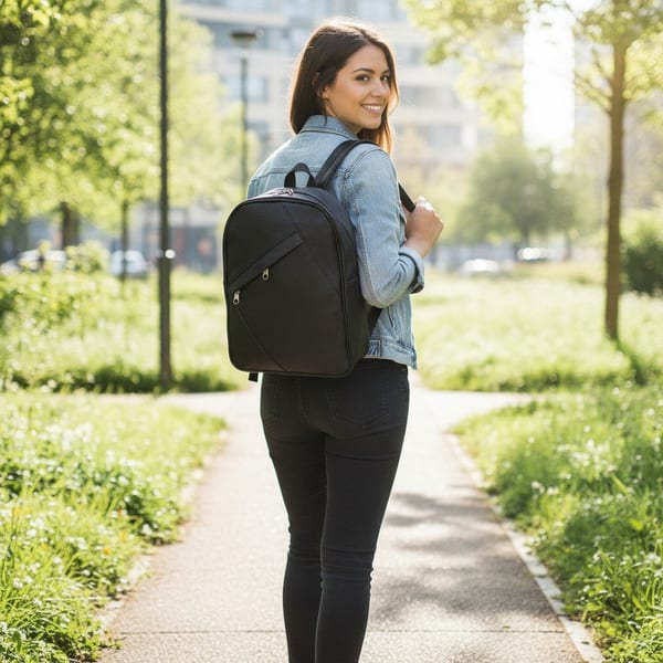 Mochila urbana de eco cuero negro con cierre diagonal frontal