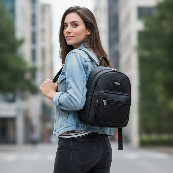 Mochila de ecocuero negra para mujer con bolsillo frontal con cierre