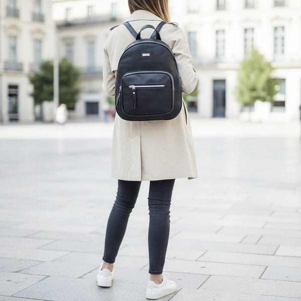 Mochila urbana negra de similicuero con bolsillo frontal y cierres