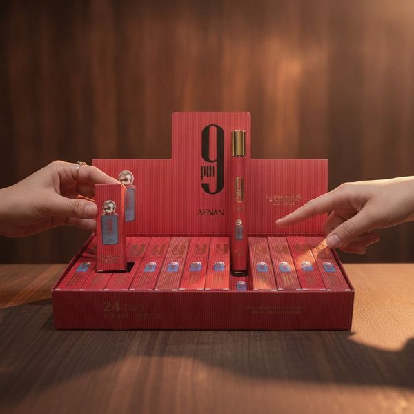 Exhibidor rojo de perfumes Afnan 9 PM de 35 ml en caja de 24 unidades