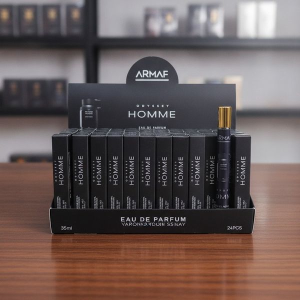 Exhibidor con perfumes masculinos Armaf Odyssey Homme de 35 ml en frascos individuales con tapa dorada.