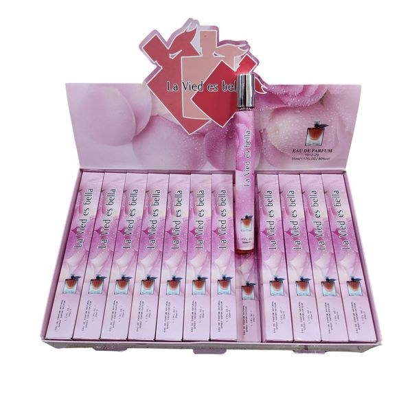 Caja exhibidora con perfumes de cartera en formato tubo La Vied es bella de 35 ml