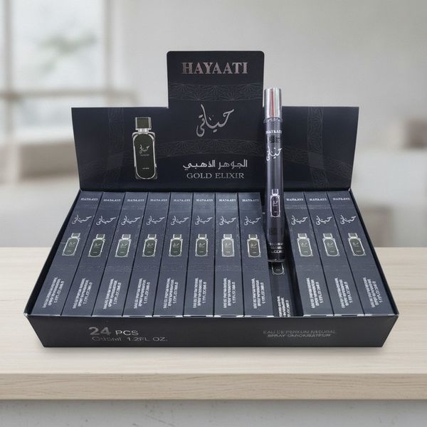 Caja exhibidora con 24 perfumes de bolsillo Hayaati Gold Elixir de 35ml en spray
