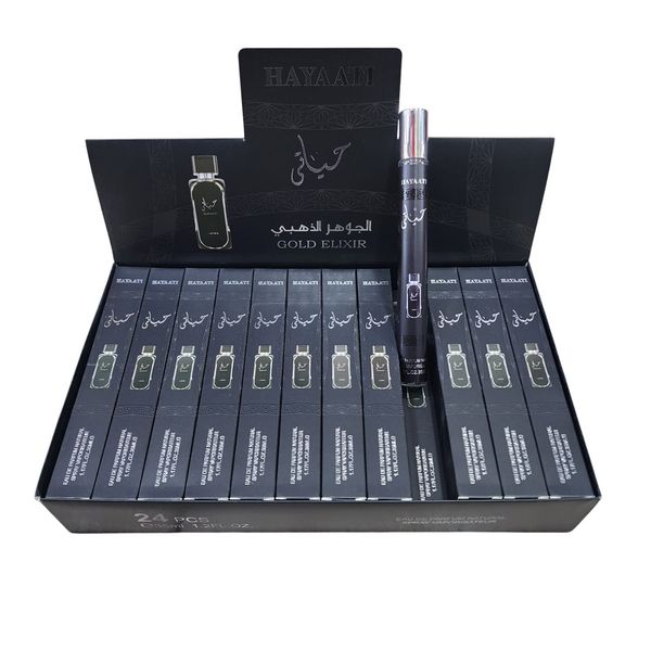 Caja exhibidora con 24 perfumes de bolsillo Hayaati Gold Elixir de 35ml en spray