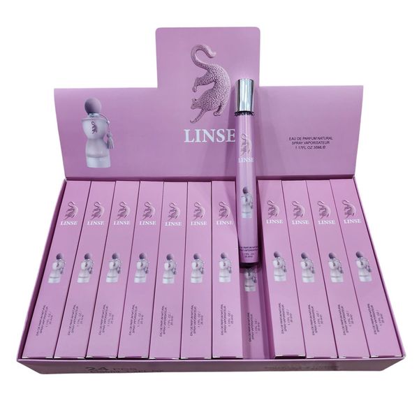 Caja exhibidora con perfumes de bolsillo marca Linse en tonos rosa