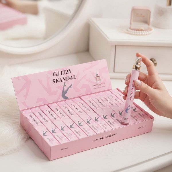 Caja exhibidora con perfumes de cartera Glitzy Skandal de 35 ml en color rosa