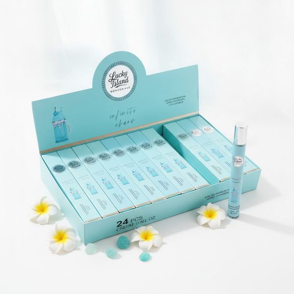 Caja exhibidora de 24 perfumes spray vaporizador Lucky Island Infinite Charm color celeste.