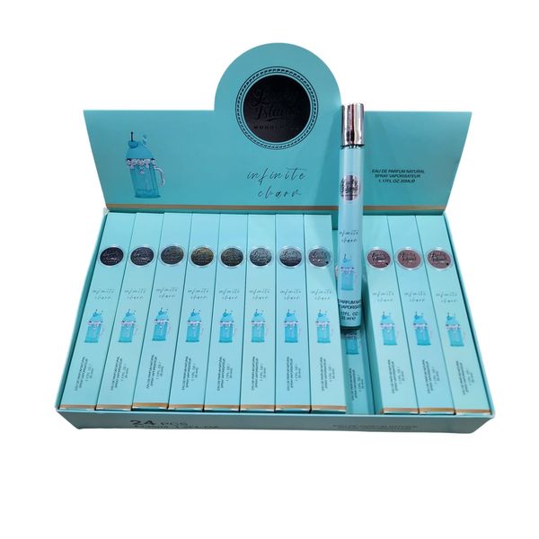 Caja exhibidora de 24 perfumes spray vaporizador Lucky Island Infinite Charm color celeste.