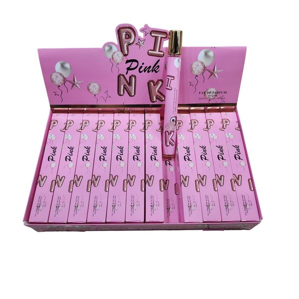 Caja exhibidora de perfumes rosa marca Pink en spray de 35 ml