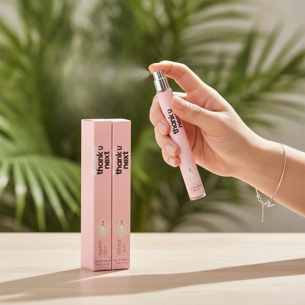Caja exhibidora rosa con perfumes individuales Thank U Next en spray