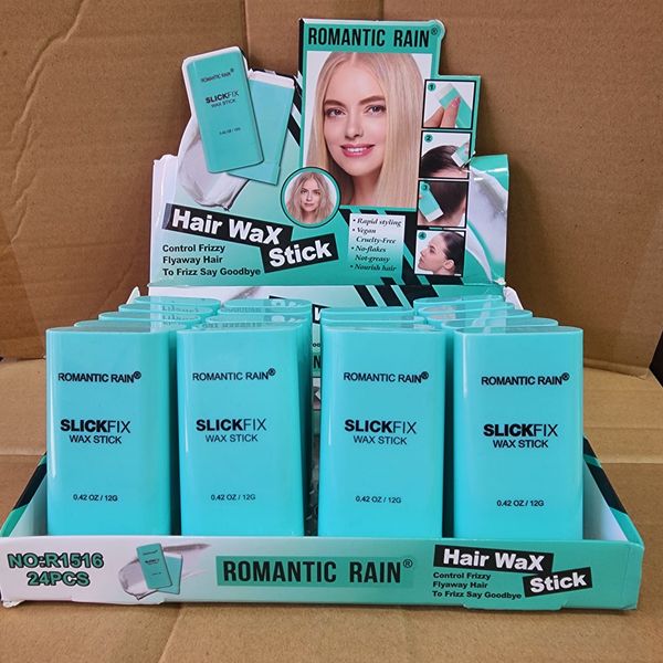 Caja exhibidora con 24 ceras en barra para peinar antifrizz Romantic Rain Slickfix