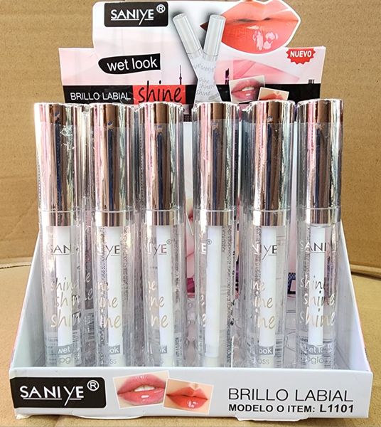 Exhibidor con brillos labiales transparentes Saniye Wet Look Shine modelo L1101