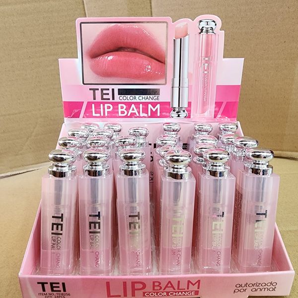 Exhibidor mayorista con 24 bálsamos labiales TEI Color Change en tono rosa