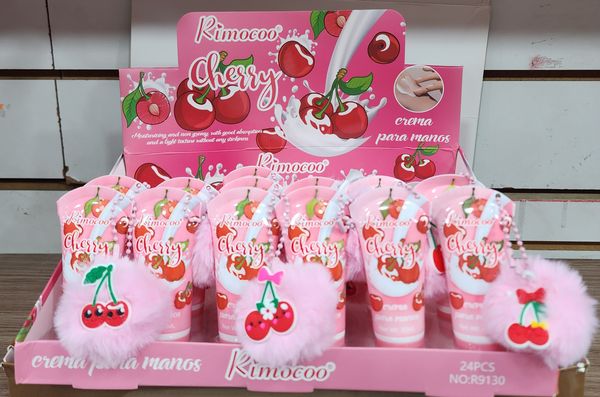 Caja exhibidora de cremas para manos Rimocoo Cherry con pompones rosados