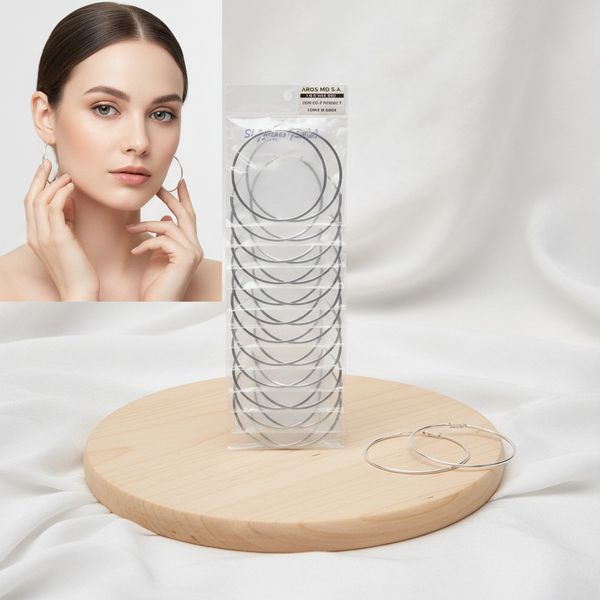 Pack de aros argolla plateados metálicos de 7 cm en paquete transparente colgable