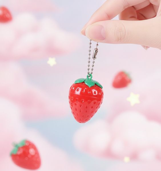 Caja exhibidora con 24 bálsamos labiales en envase con forma de frutilla
