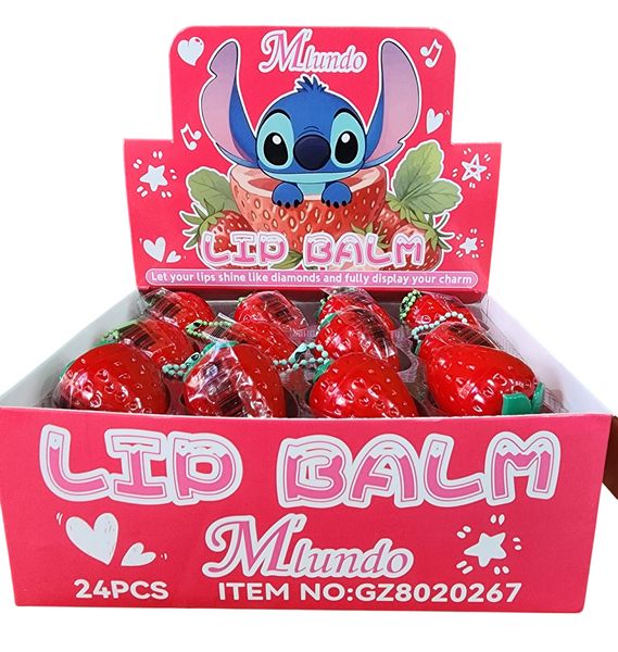 Caja exhibidora con 24 bálsamos labiales en envase con forma de frutilla