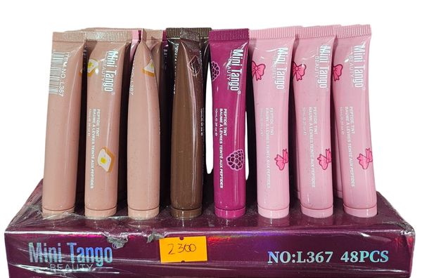 Caja exhibidora de tintas bálsamo para labios con péptidos marca Mini Tango Beauty en variedad de tonos.