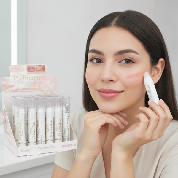 Caja exhibidora con bálsamos labiales en barra Saniye Ph Color Balm