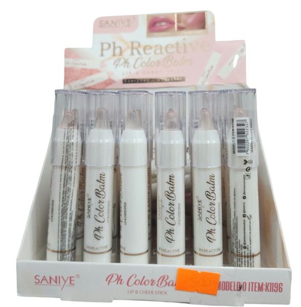 Caja exhibidora con bálsamos labiales en barra Saniye Ph Color Balm