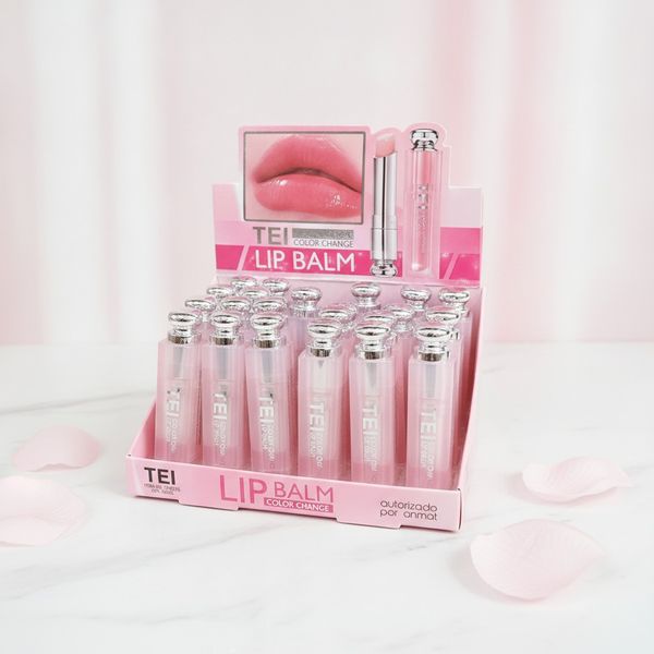 Exhibidor mayorista con 24 bálsamos labiales TEI Color Change en tono rosa