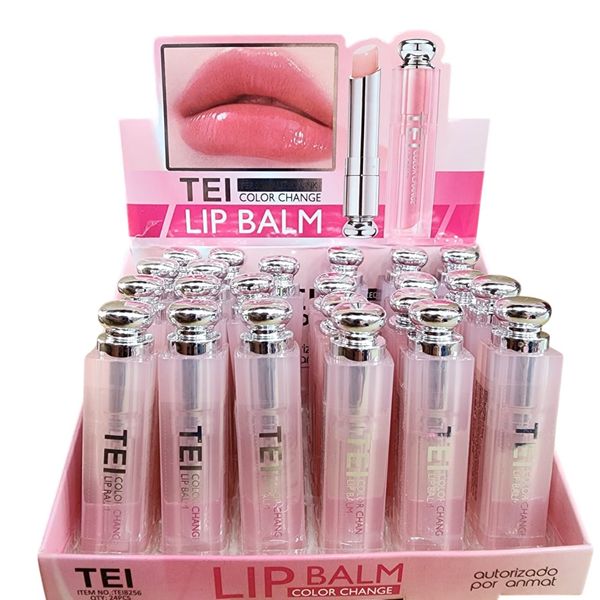 Exhibidor mayorista con 24 bálsamos labiales TEI Color Change en tono rosa