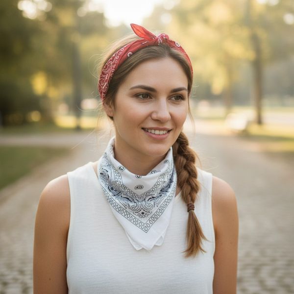 Tres bandanas estampadas con diseño paisley en colores rojo, blanco y azul marino, colgadas en perchas exhibidoras.