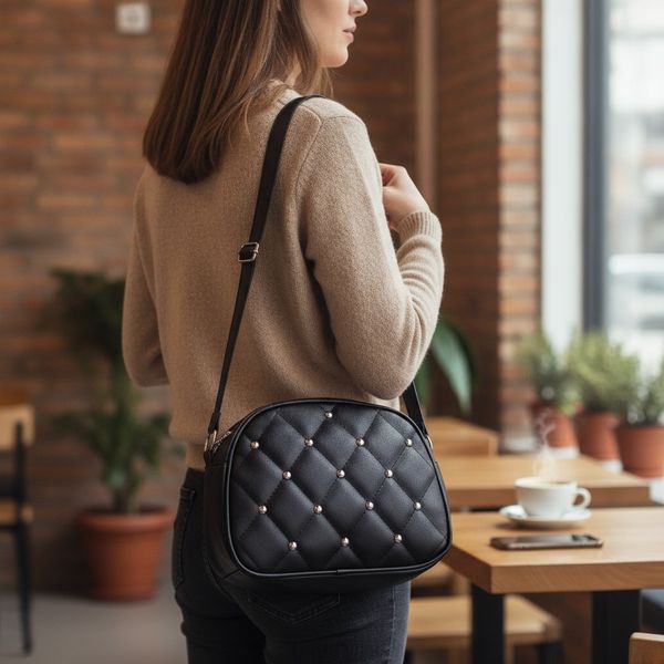 Bandolera negra acolchada con tachas metálicas plateadas