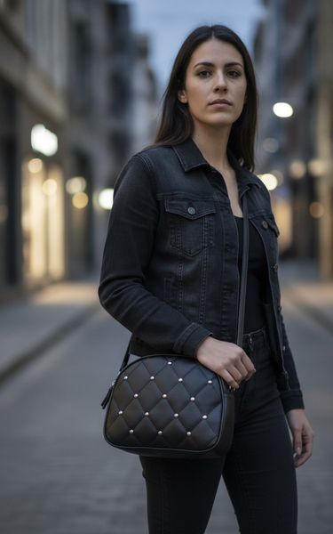 Bandolera negra matelaseada con tachas metálicas plateadas