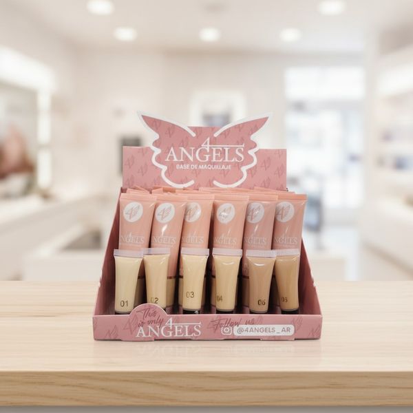Exhibidor de bases de maquillaje líquidas marca 4 Angels con varios tonos