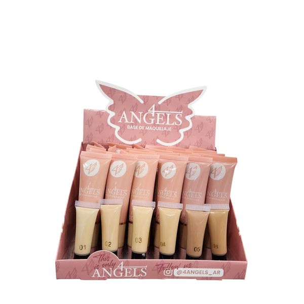 Exhibidor de bases de maquillaje líquidas marca 4 Angels con varios tonos